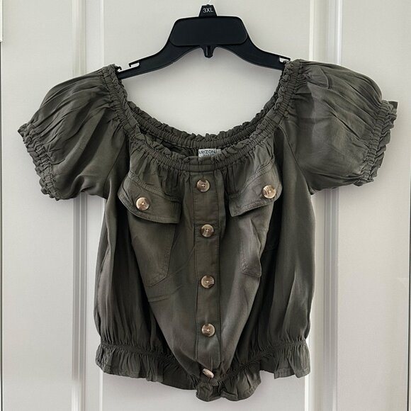 Arizona Jean Co. Womens Olive Green Off-The-Shoulder Rayon Blouse With Puff Slee - Picture 1 of 6